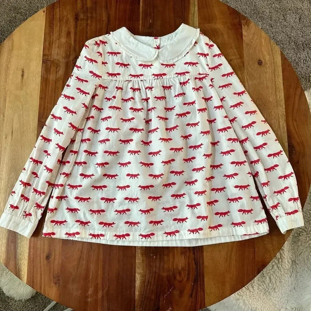 KATE SPADE Girls Size 6 Ruffle Peter Pan Collar Red Fox‎ Print Blouse Top